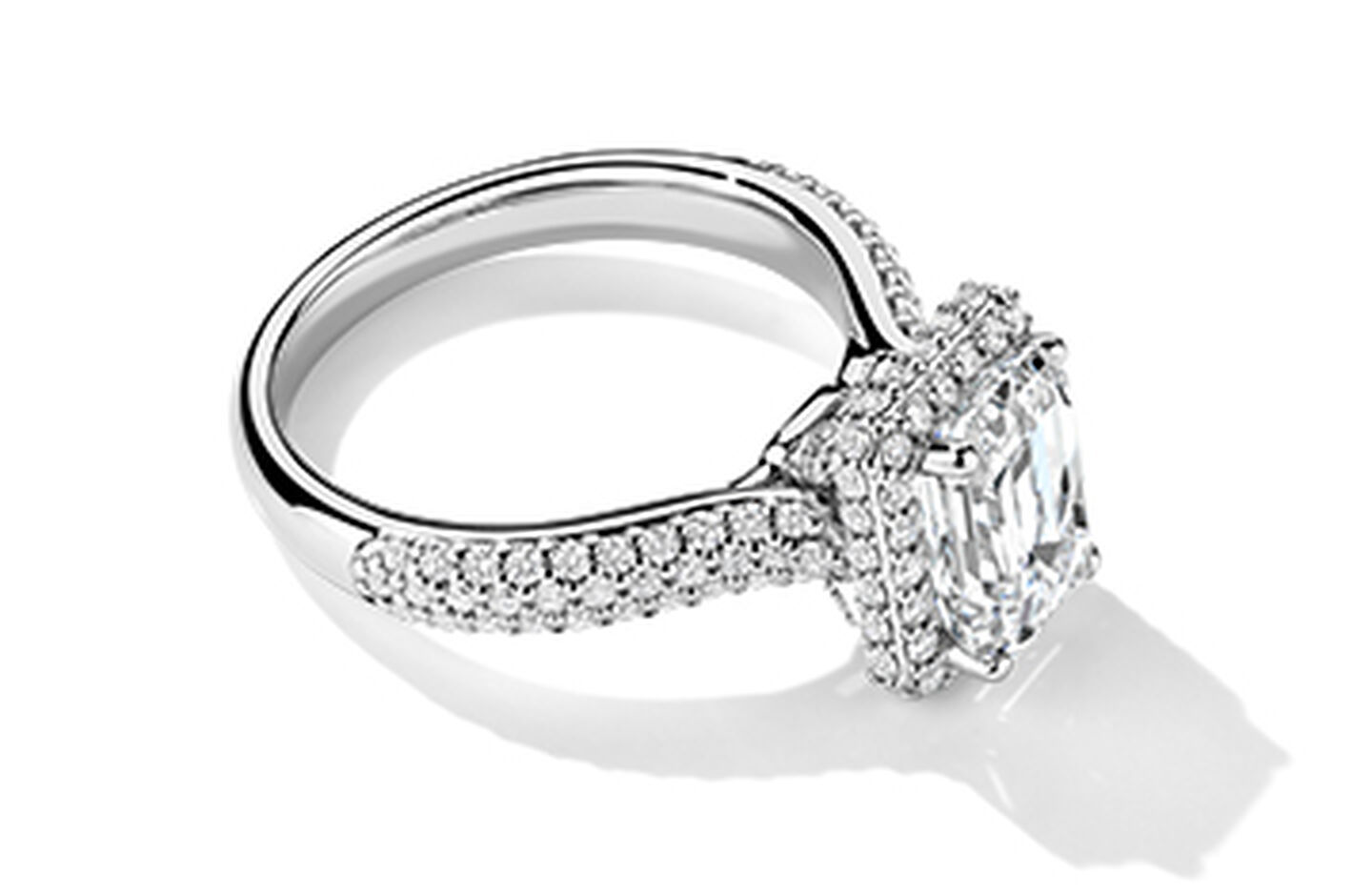 Birks Square Phillips Bague de fiançailles à diamant solitaire coupe émeraude avec halo et anneau serti de diamant