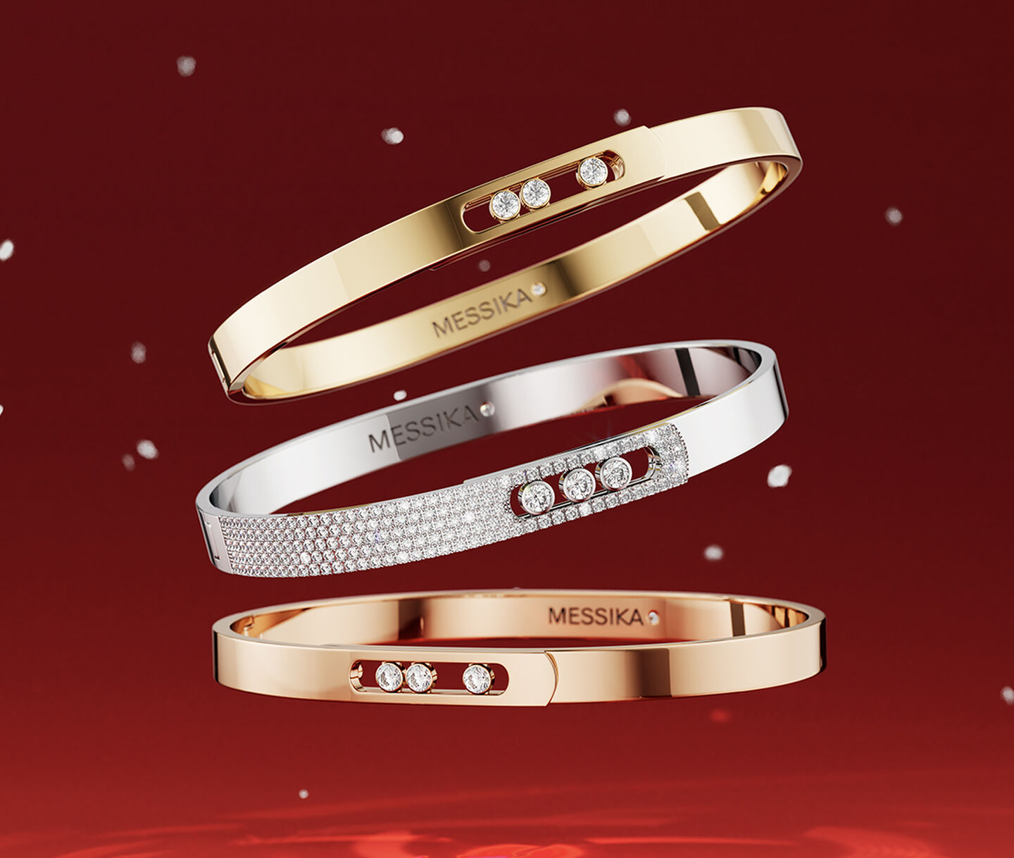 Messika bracelet on a red holiday background.