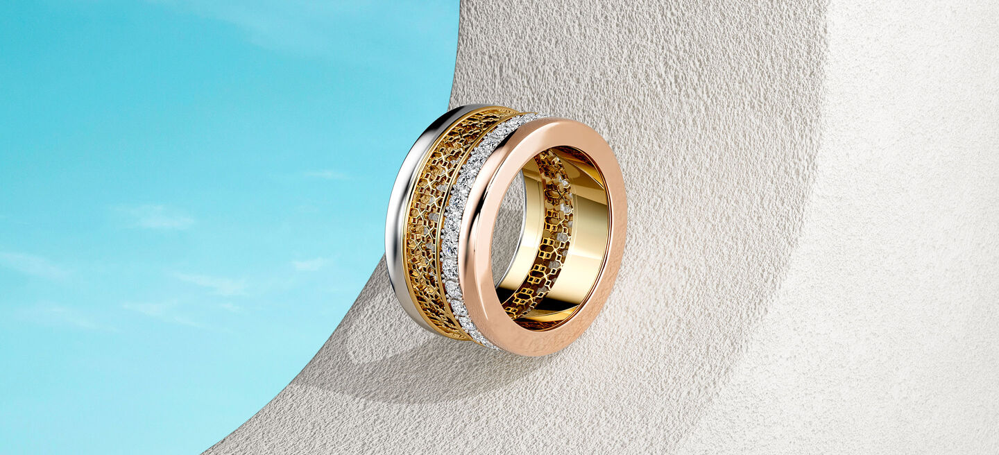 Birks Dare to Dream ring on a blue background.
