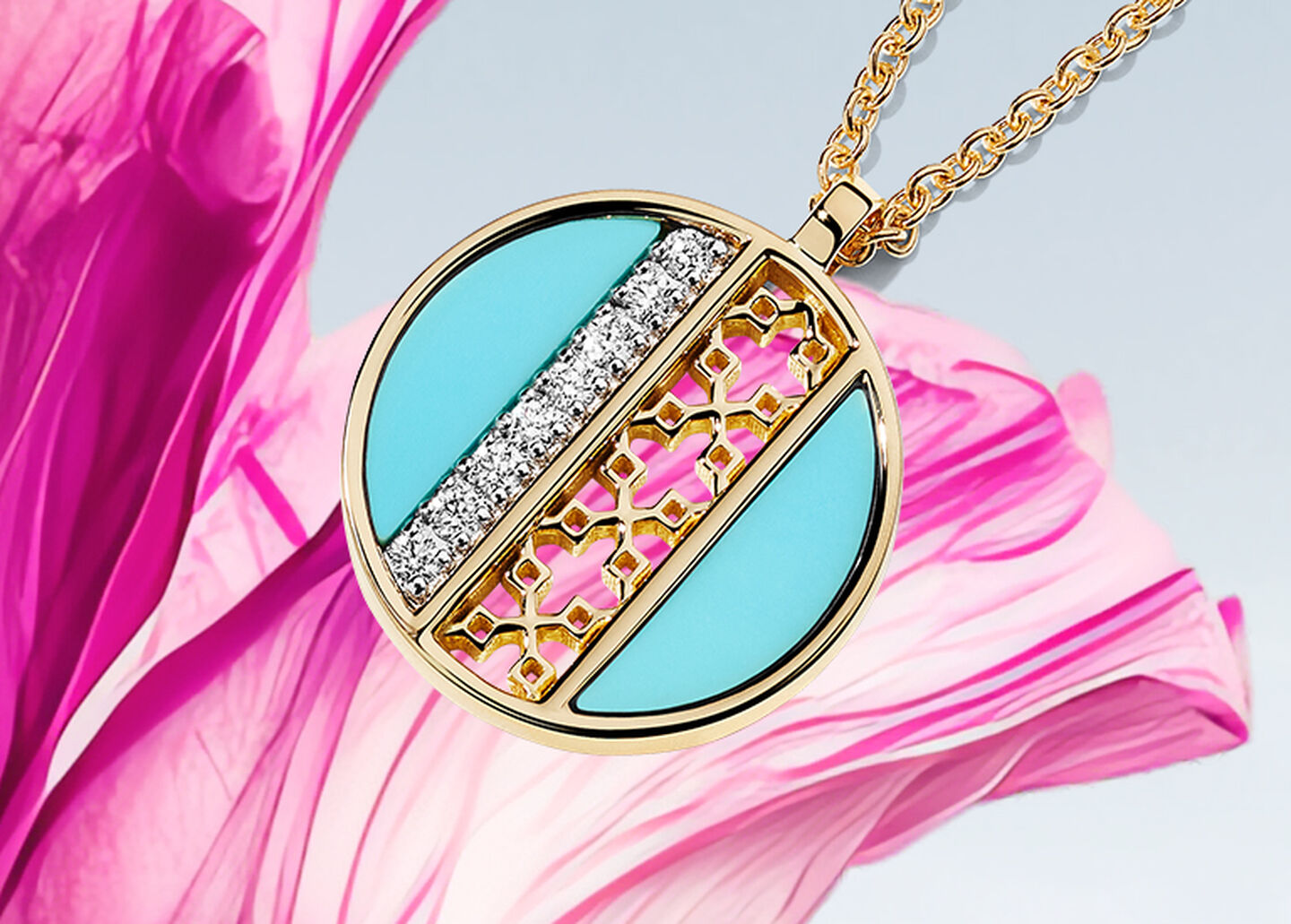 Birks Dare to Dream turquoise and diamond gold medallion on a floral background.