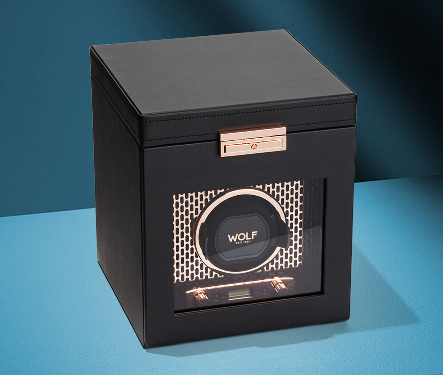 WOLF leather watch winder on a blue background.
