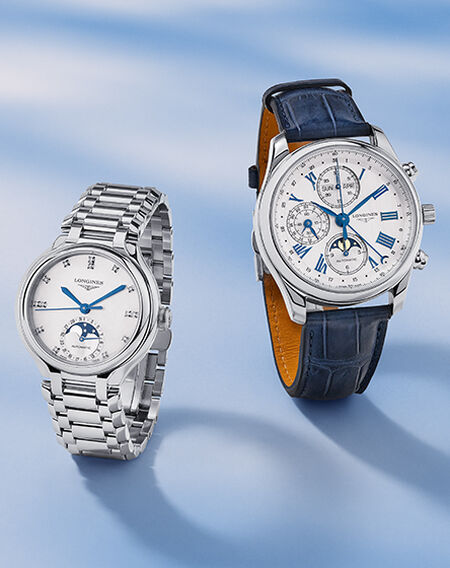 Longines watches on a blue background.