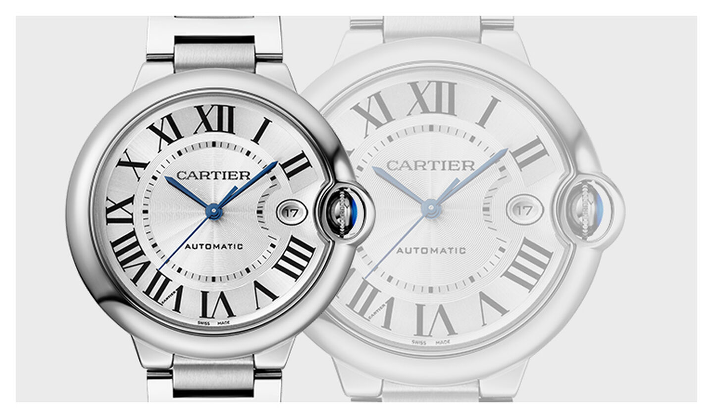 Ballon Bleu de Cartier watch on a grey background.
