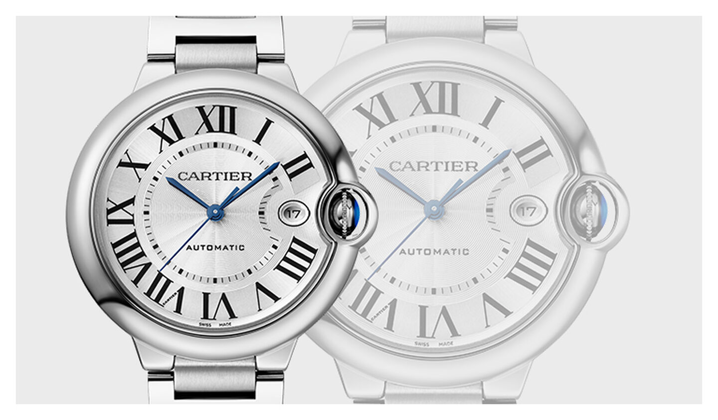 Montre Ballon Bleu de Cartier sur un fond gris.