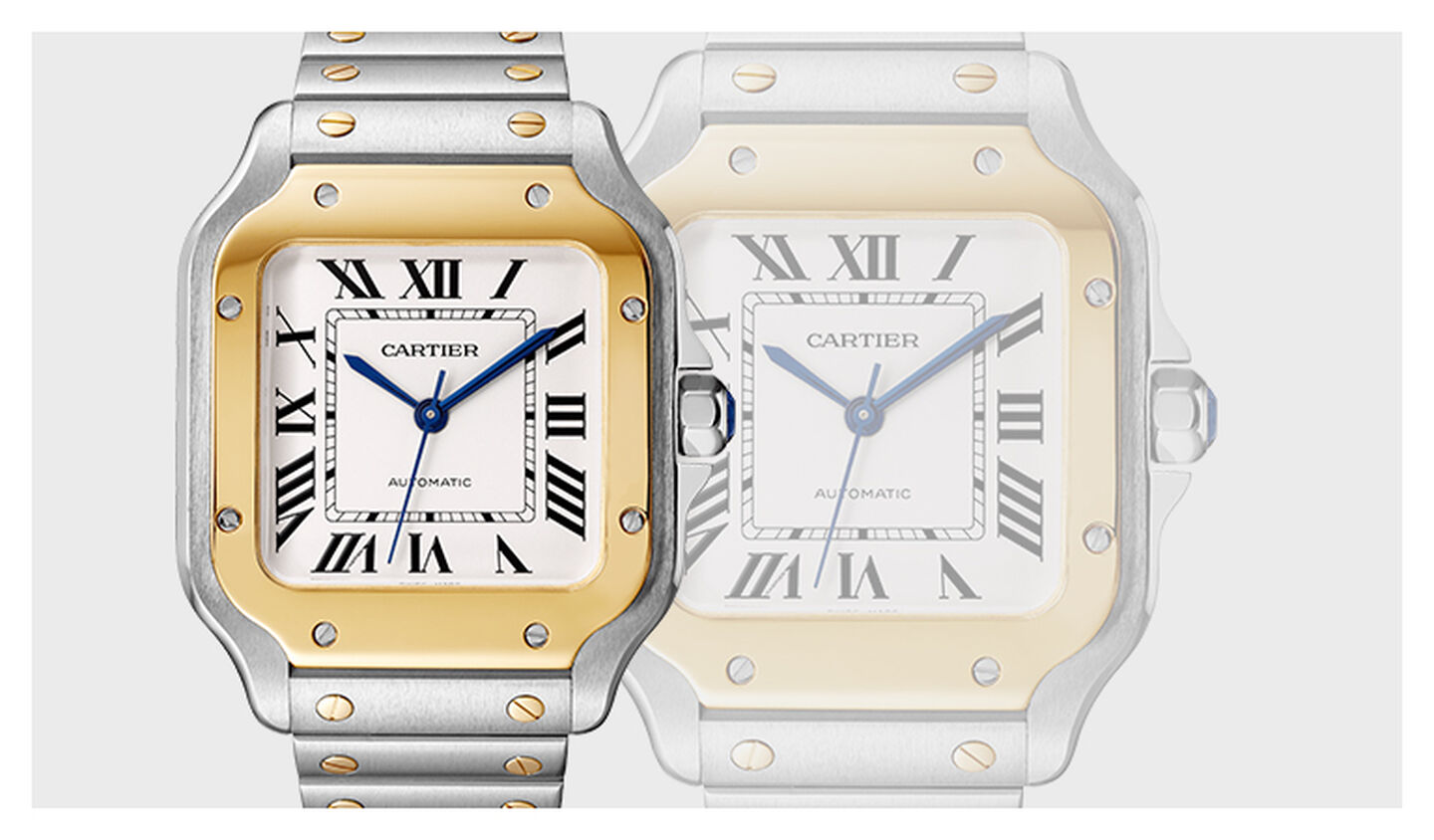 Montre Santos de Cartier sur un fond gris.