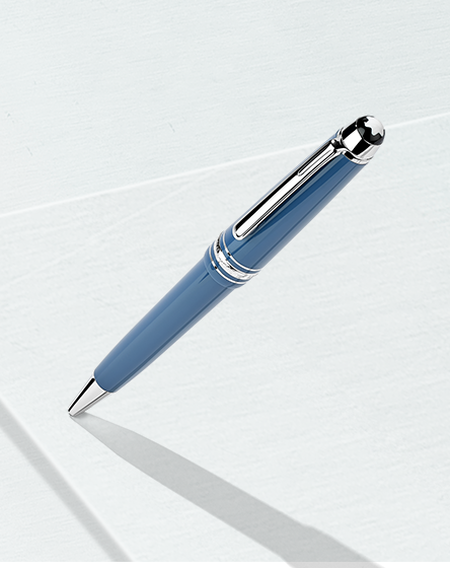 A blue Montblanc pen on a white background.