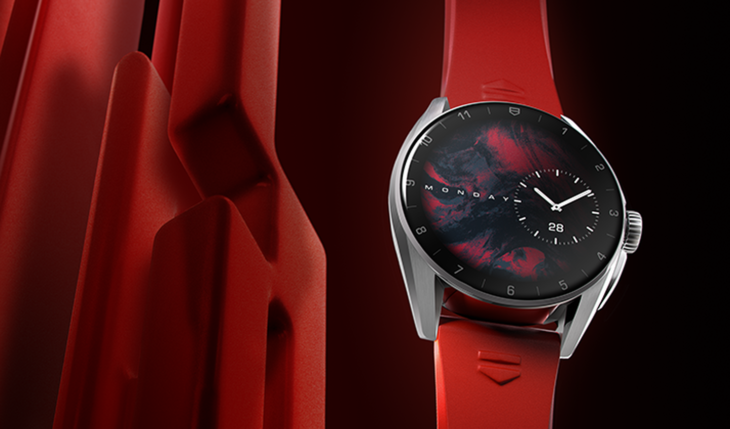 Smart watch with silver bezel and red silicon strap