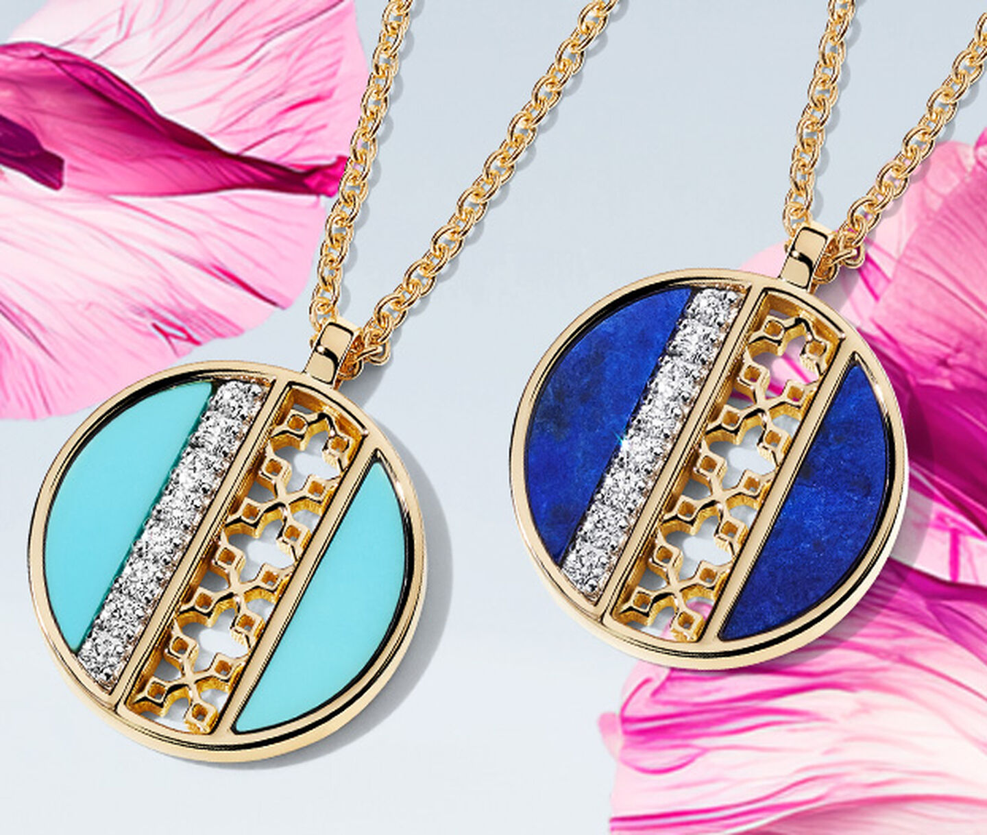 A Birks Dare to Dream lapis lazuli and turquoise diamond medallion on a pink flower over a light sky blue background.