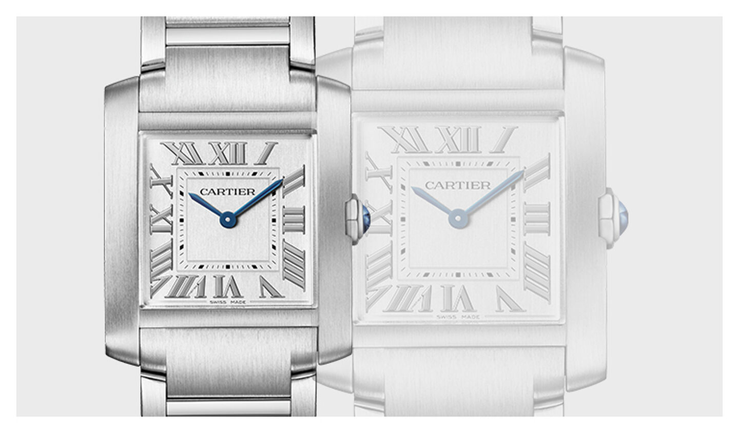 Montre Tank de Cartier sur un fond gris.