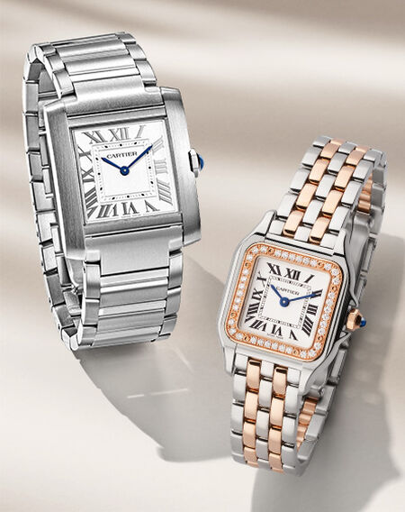 Tank and Panthere de Cartier watches on a beige background.