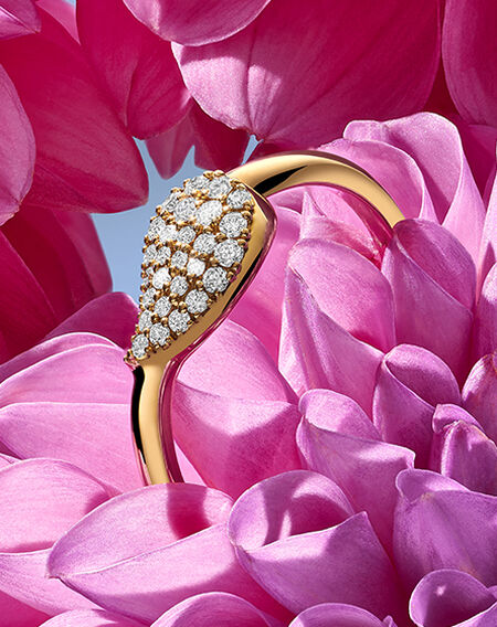 Birks Pétale diamond yellow gold ring on a pink flower background