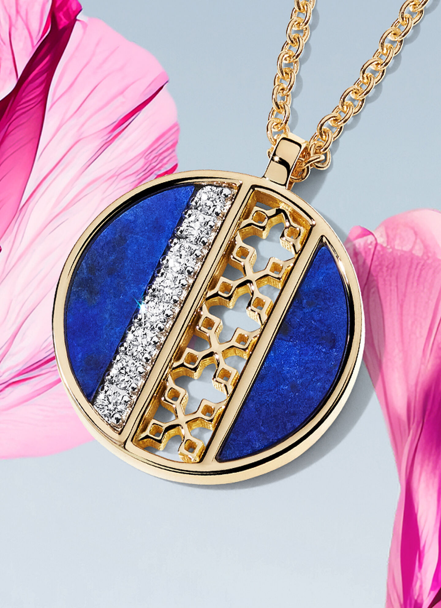 Birks Dare to Dream lapis-lazuli pendant on a flower background.