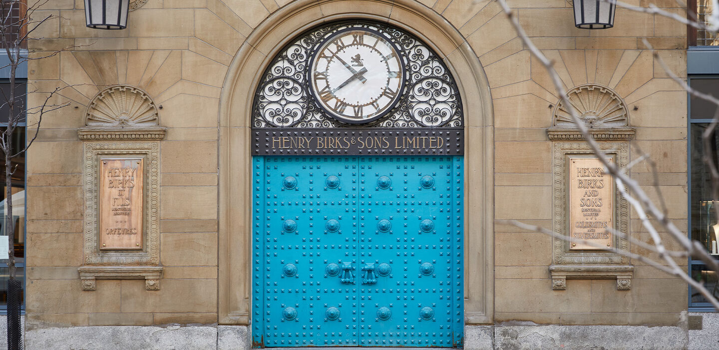 The iconic Maison Birks blue doors at it's Montreal flagship store.