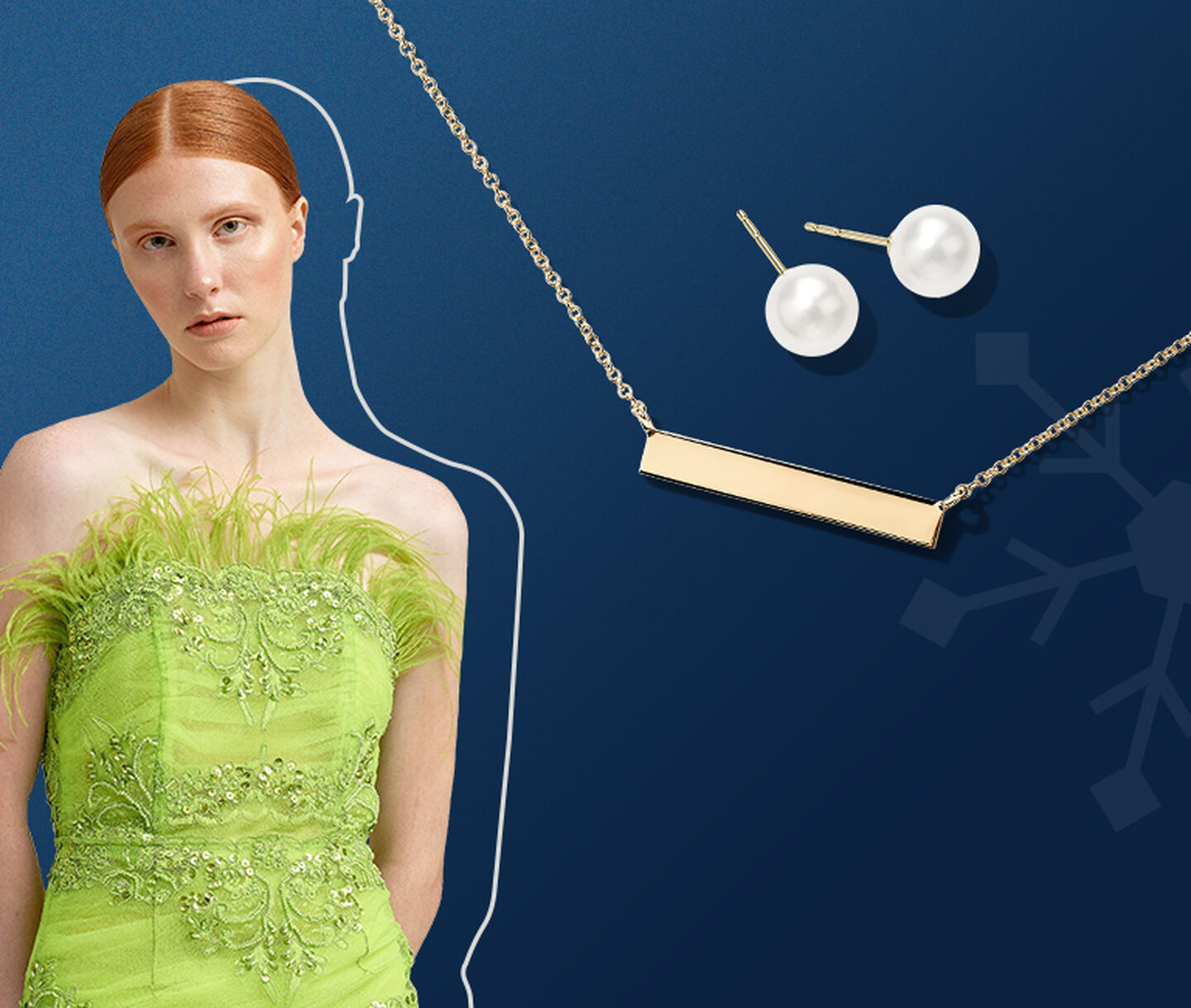 A model in a green strapless dress next to a gold bar necklace and pearl earrings