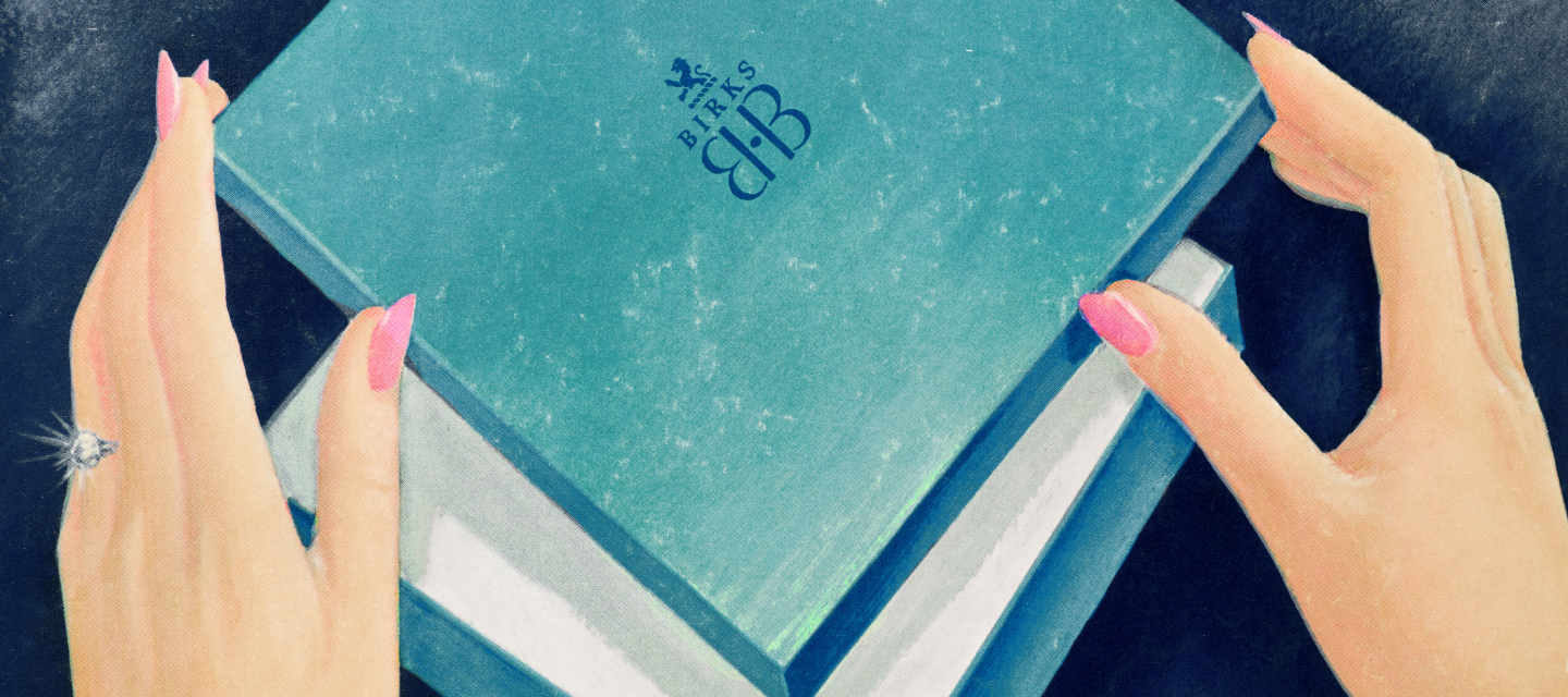 painting of a woman opening a birks blue box.