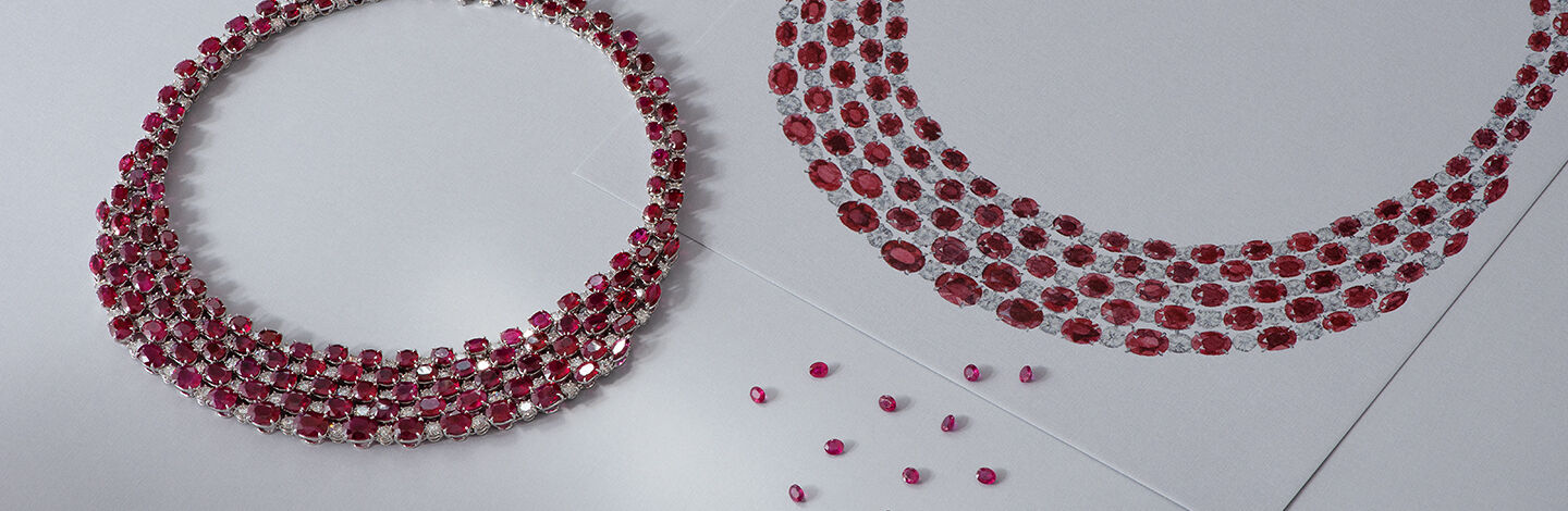 Two necklaces with five rows of rubies
