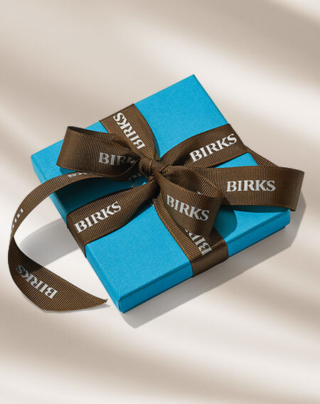 La bo&icirc;te bleue de Maison Birks sur un fond beige.