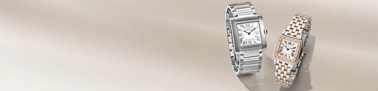 Cartier Panthere and Tank watches on a beige background