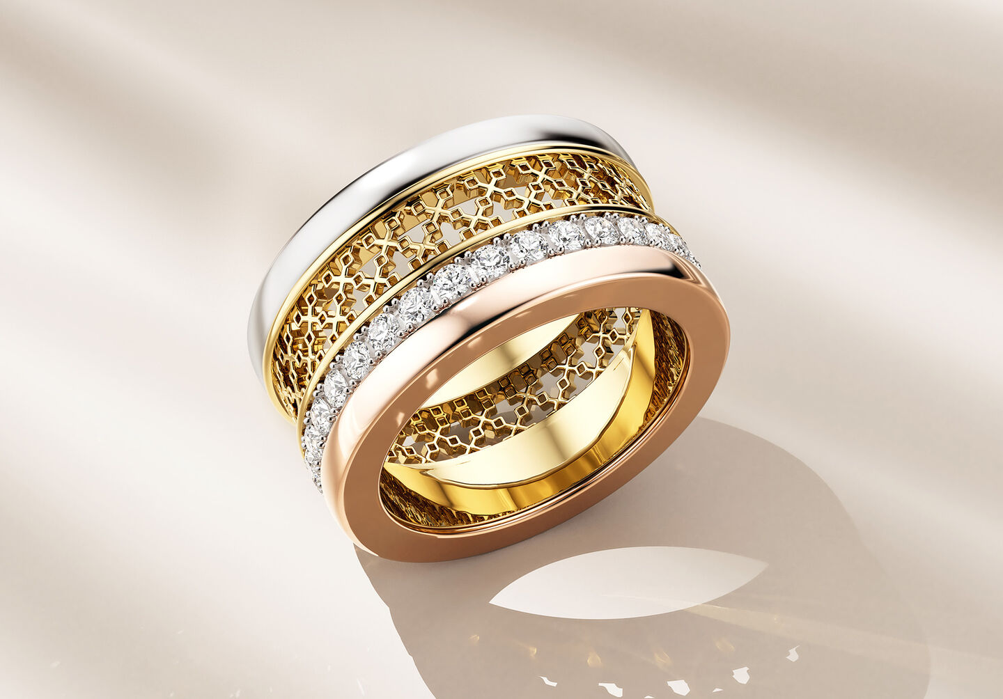 Birks Dare to Dream diamond ring on a beige background.