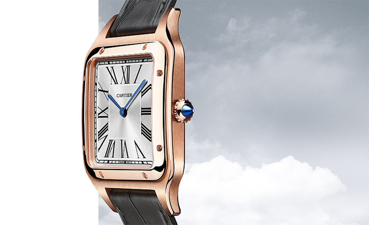 Sideview of Cartier Santos-Dumont Watch Large Model, 18K Rose Gold & Steel, Leather