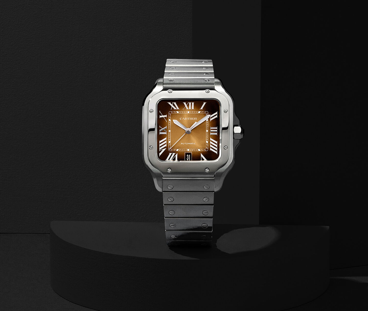 Santos de Cartier watch on a black background.