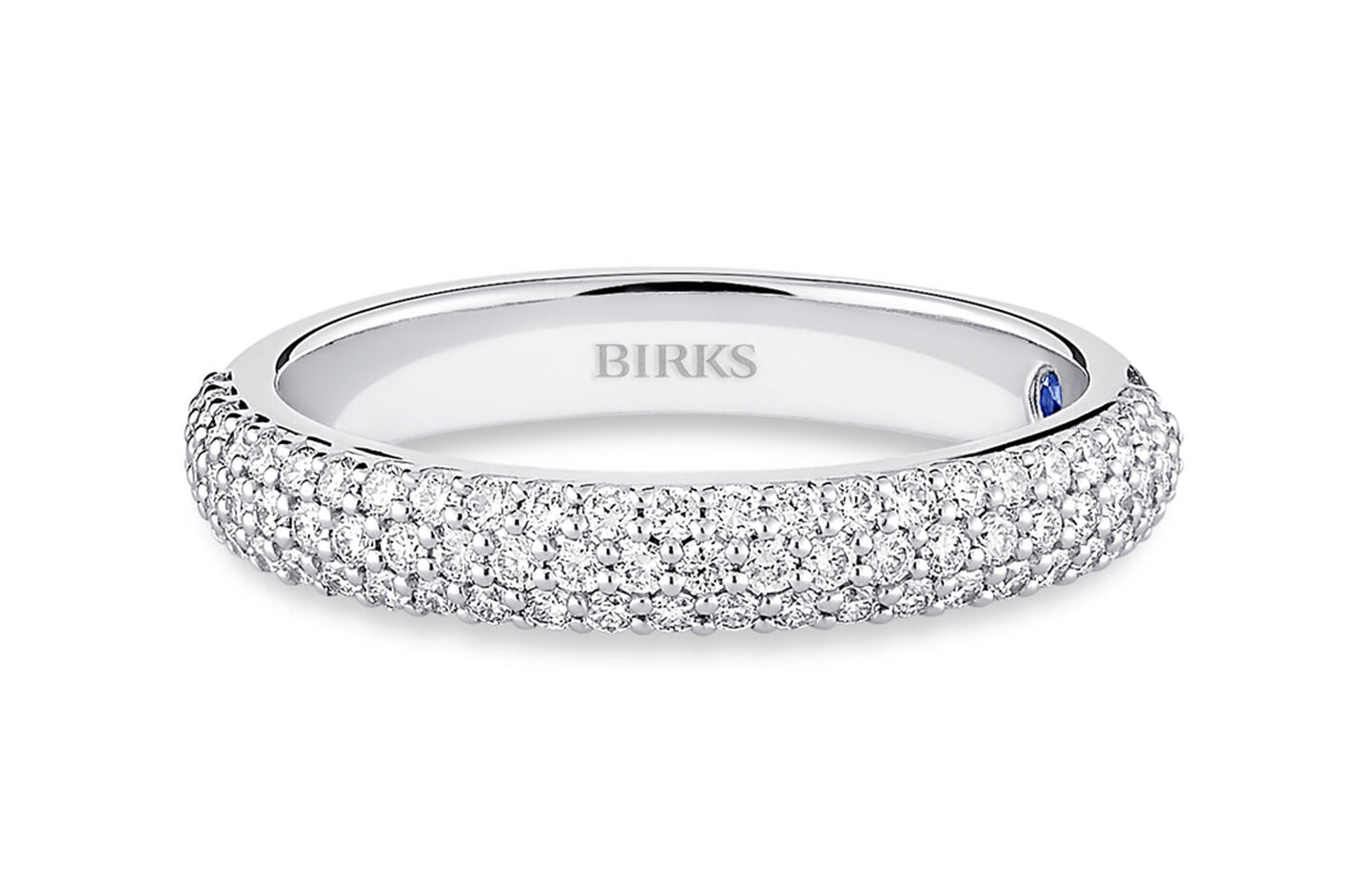 Birks diamond solitaire pendant on a blue background.