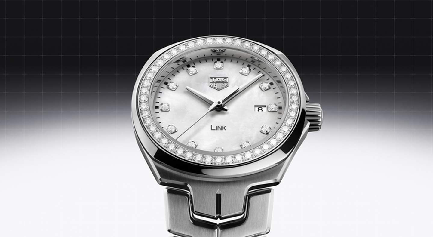 TAG Heuer Link watch on a black and white background.