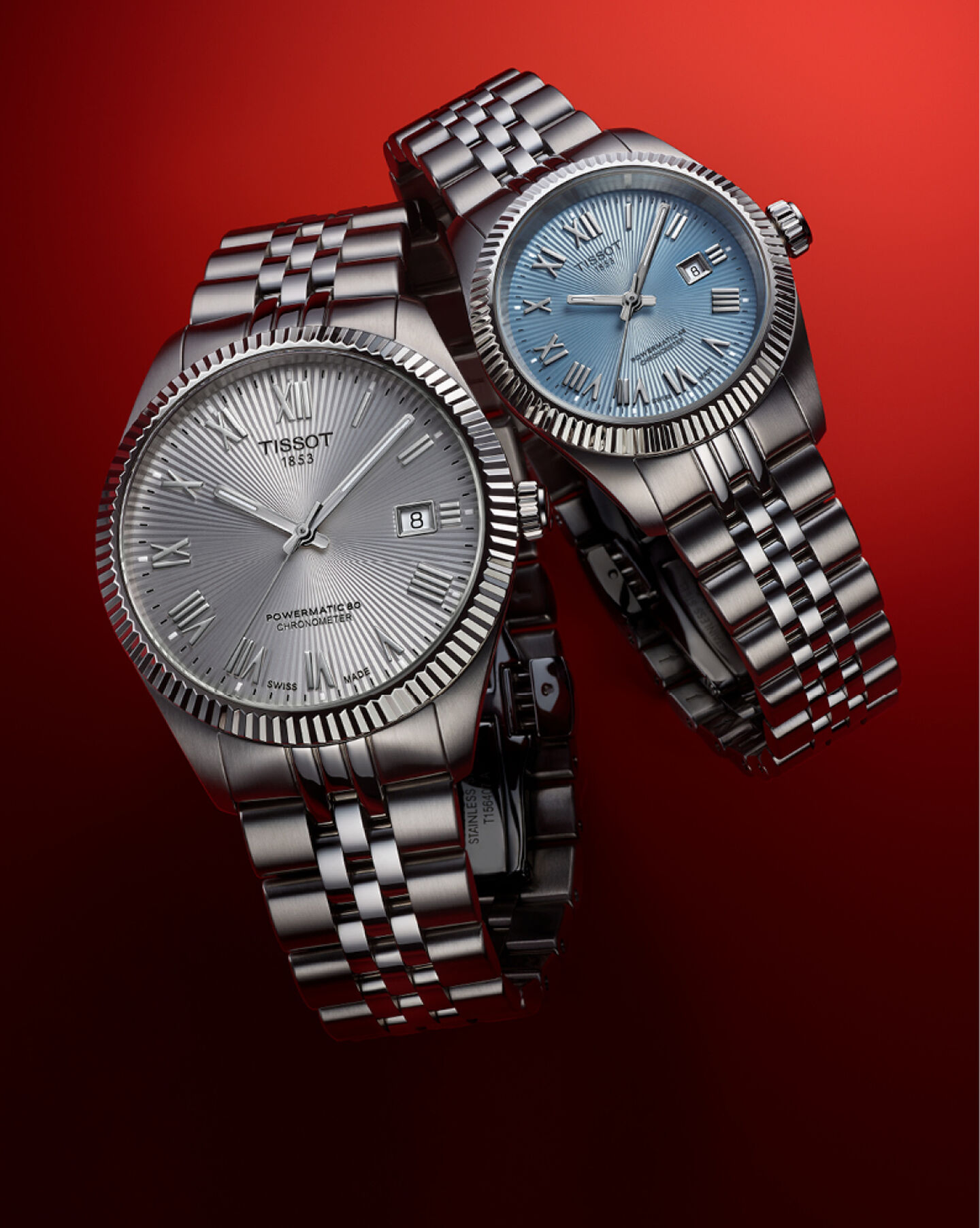 Tissot Classic Contemporary watch on a blue background.