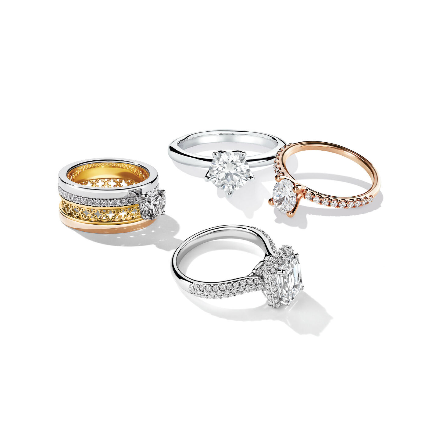 Birks diamond engagement rings on a white background.