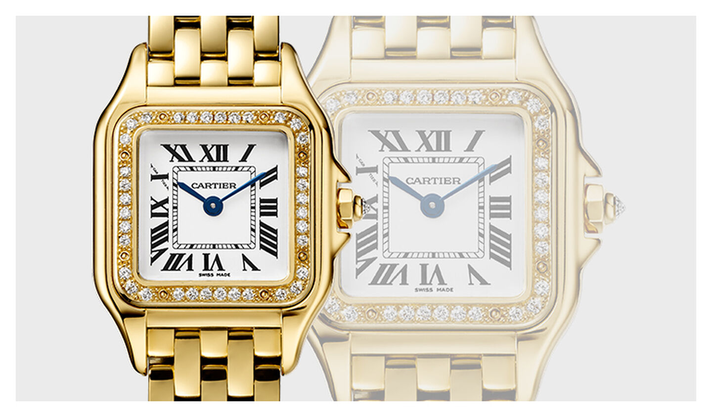 Montre Panthere de Cartier sur un fond gris.