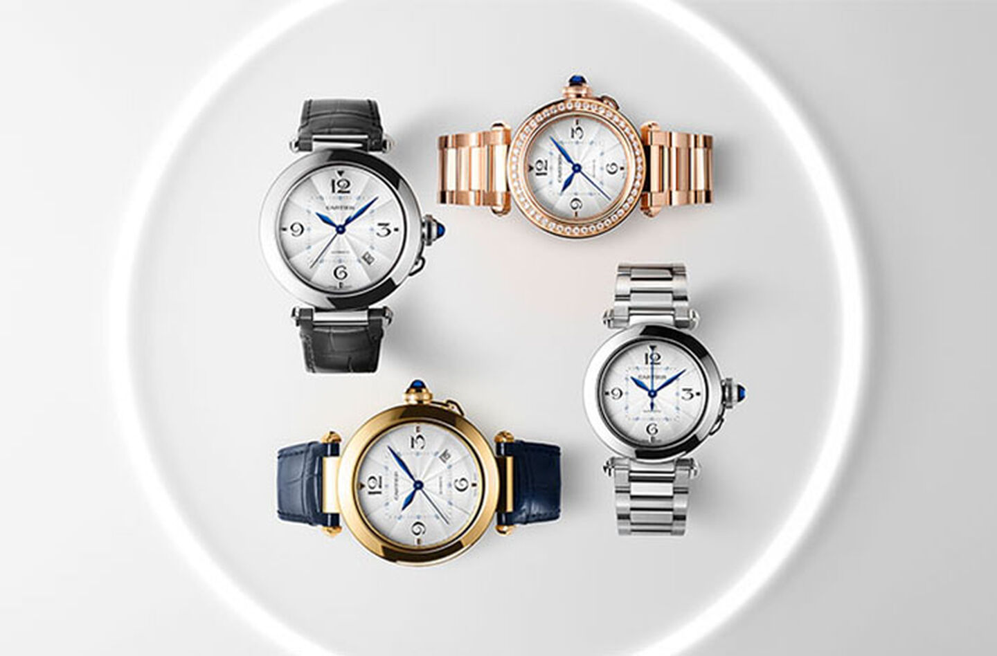 our Cartier Pasha watches in a circle