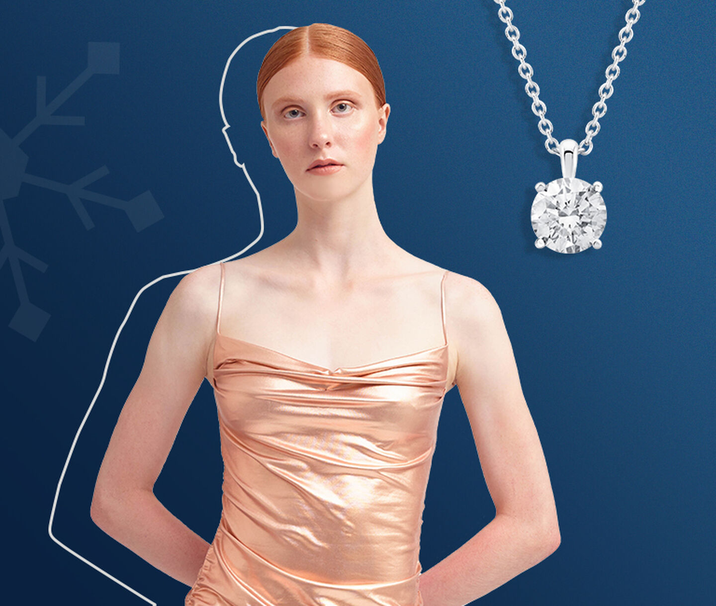 Model in a peach coloured dress next to a solitaire diamond and white gold necklace