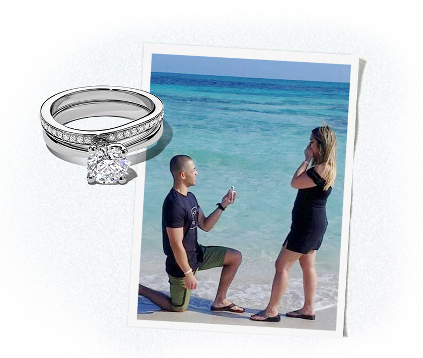 A man on one knee proposes to his girlfriend by the ocean