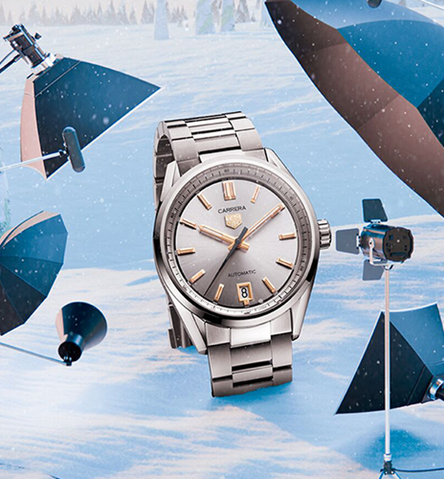 A TAG Heuer Carrera watch on a snowy background surrounded by spotlights.