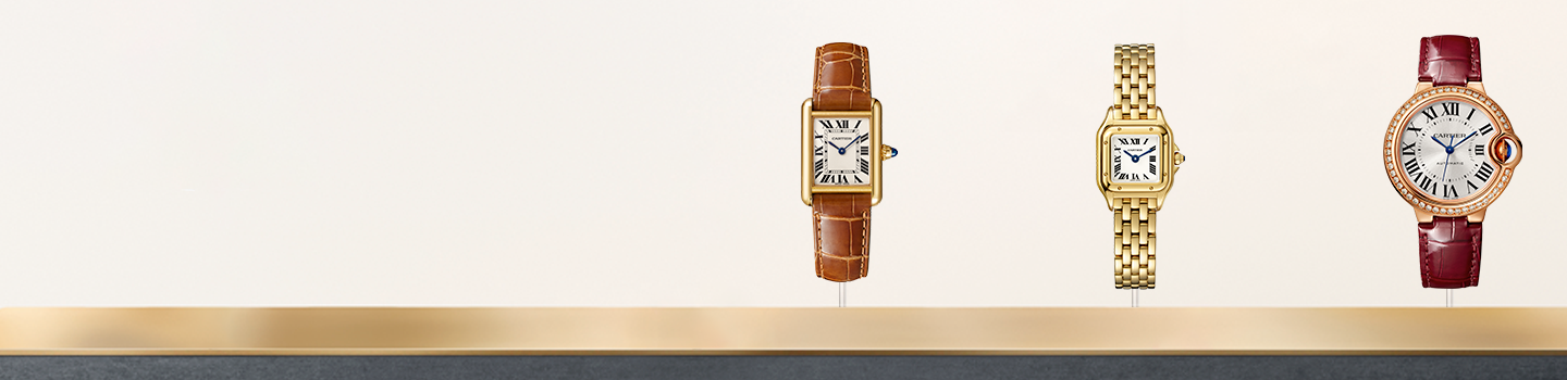 Ballon Bleu, Tank, Panthère, and Santos de Cartier watches on a white background.