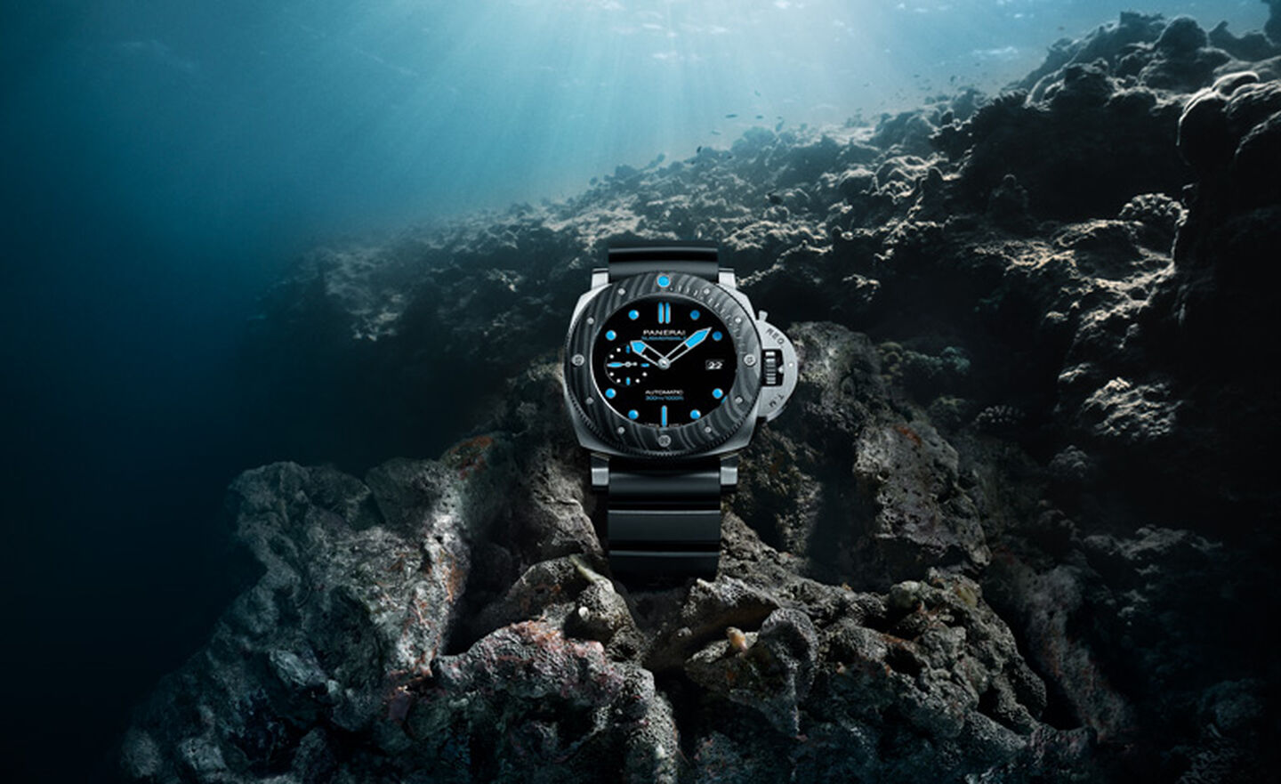 Panerai Submersible watch on a rock underwater