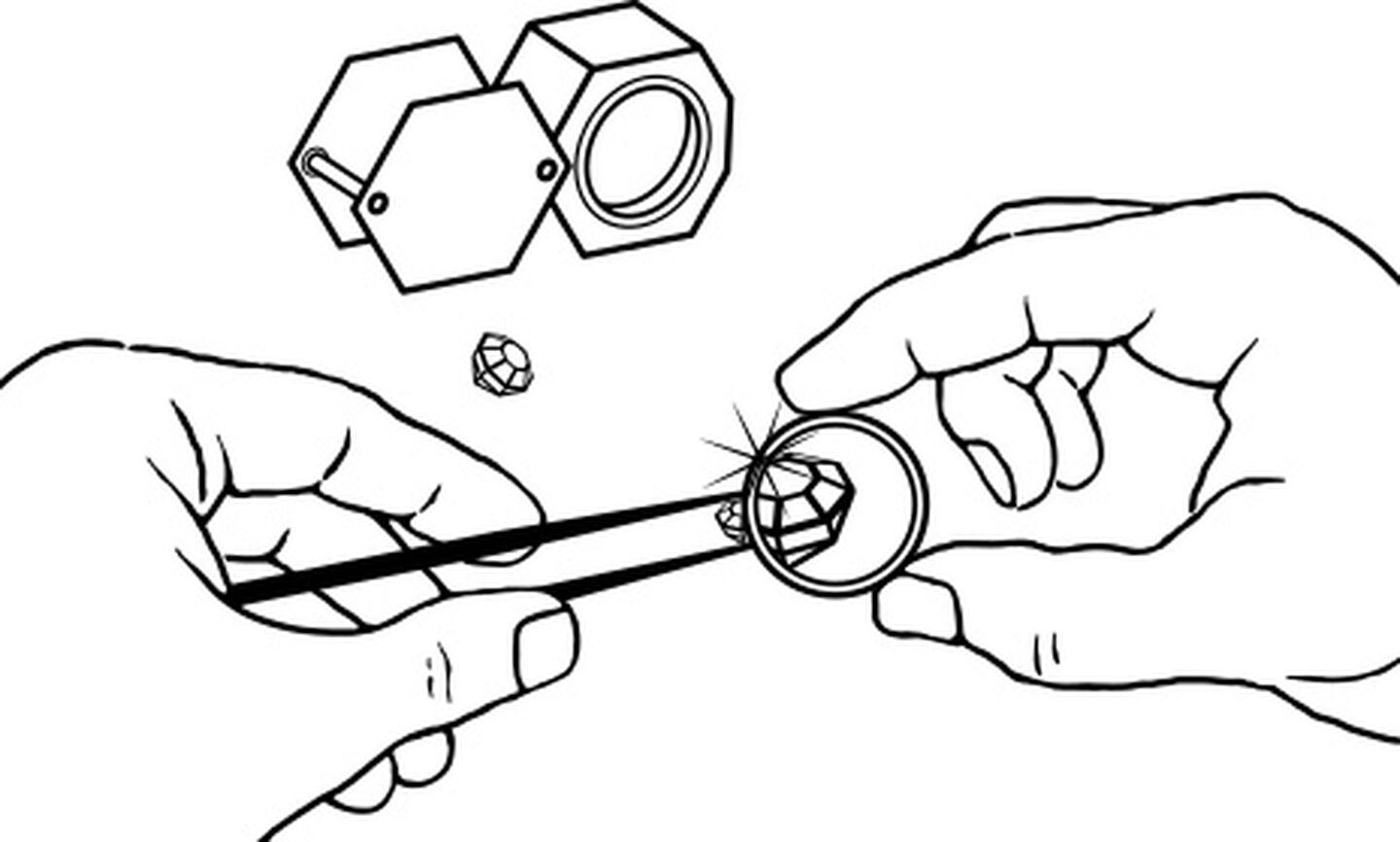 An illustration of a hand inspecting a diamond.