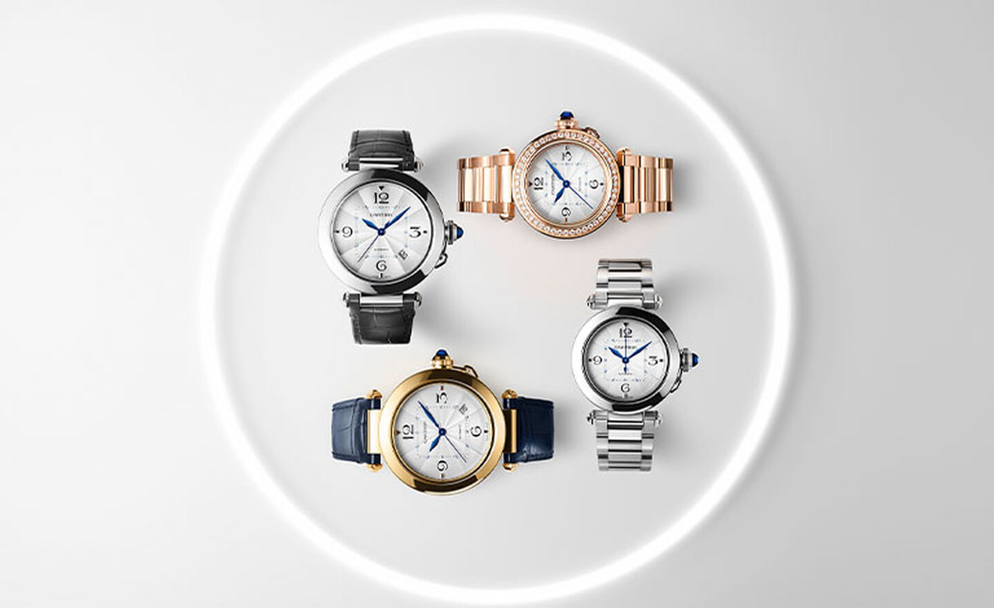 Four Cartier Pasha watches in a circle
