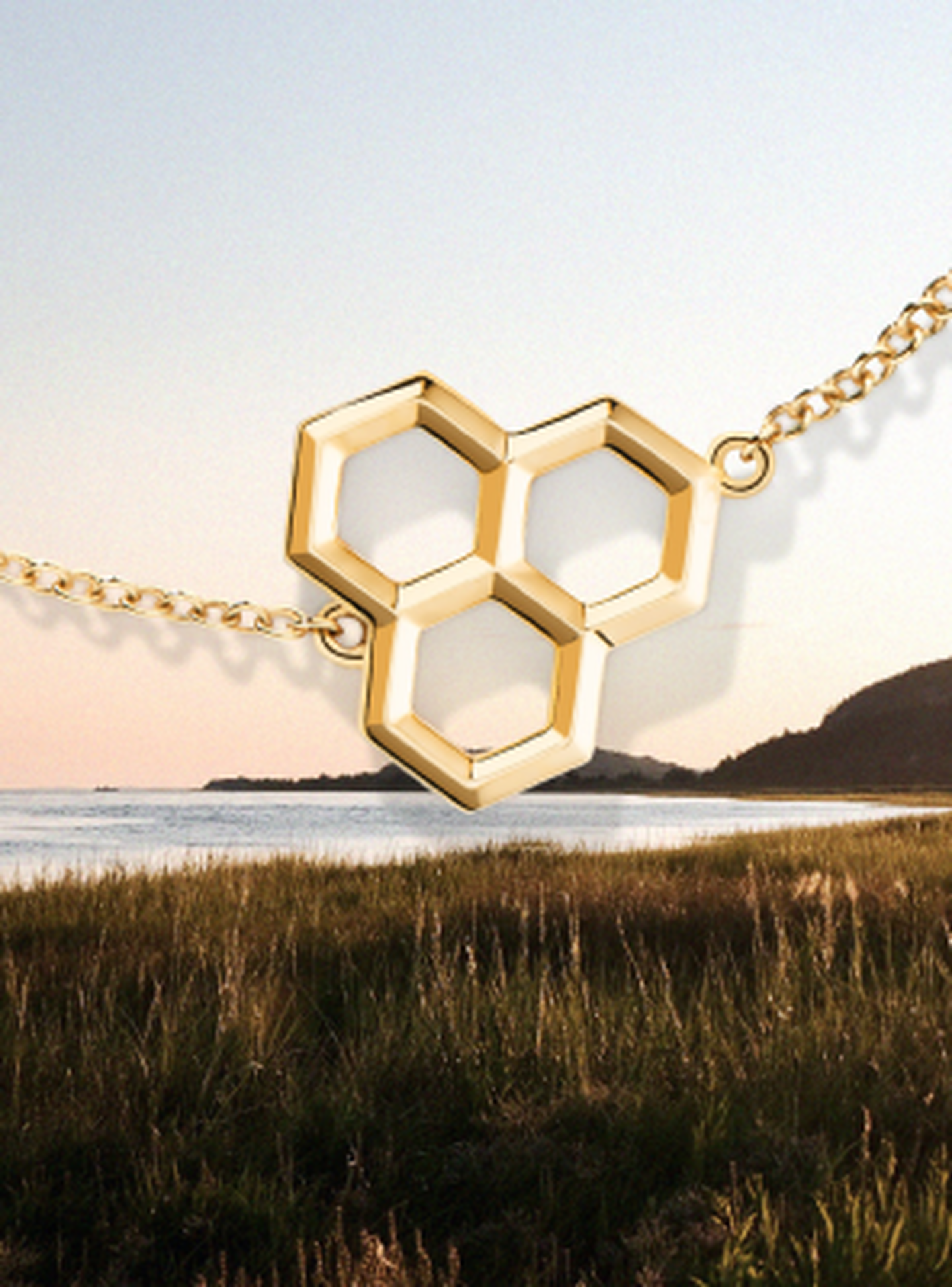 Birks Bee Chic yellow gold necklace in a field background.