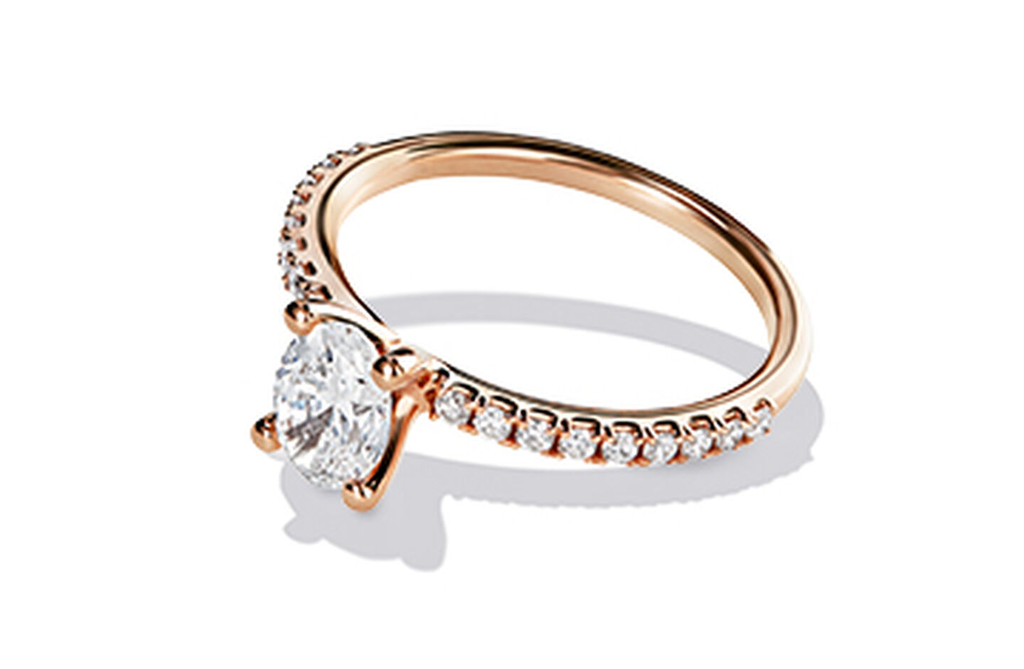 Rose Gold Diamond ring with accent diamonds on the band.