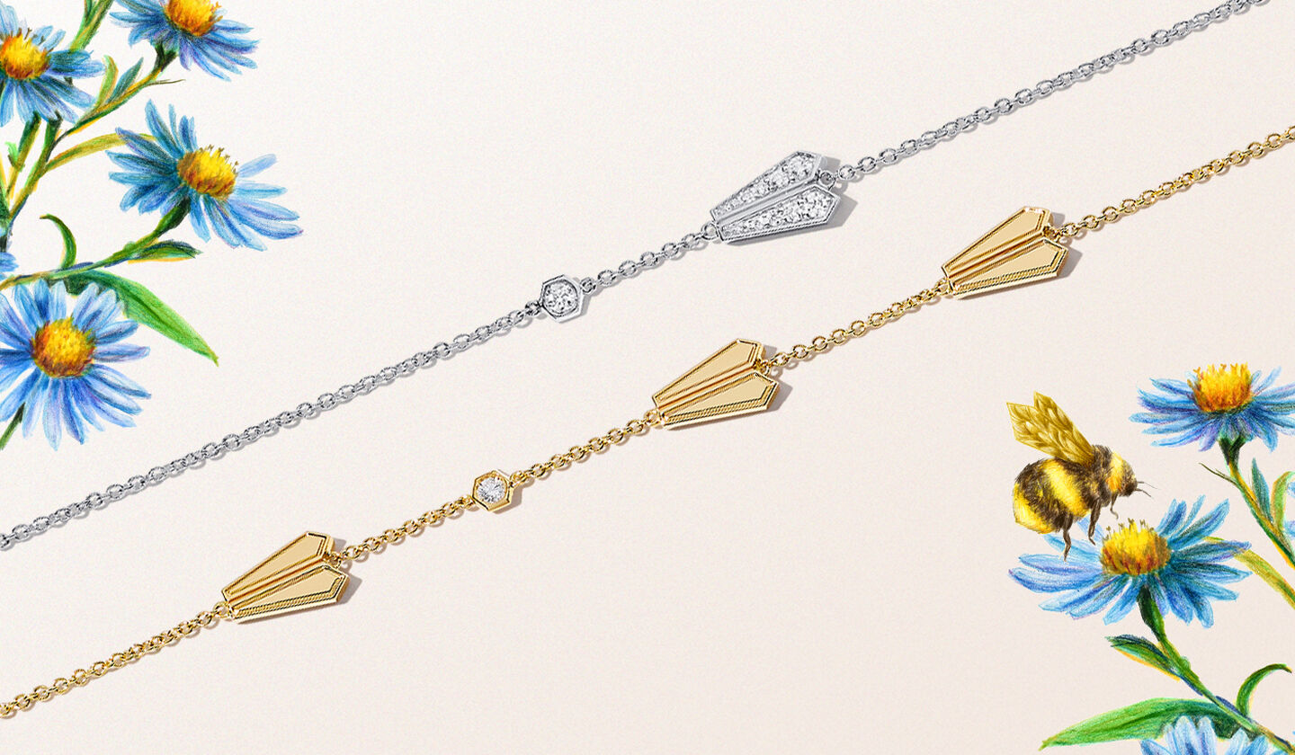 Birks Beekeeper yellow gold and diamond bracelets on an illustrated background.
