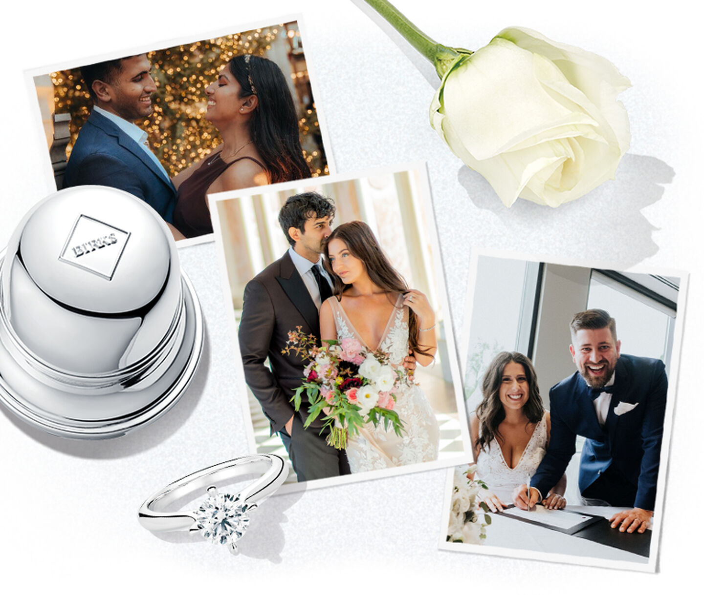 Three photographs of happy couples between a Birks Bell Box and a white rose
