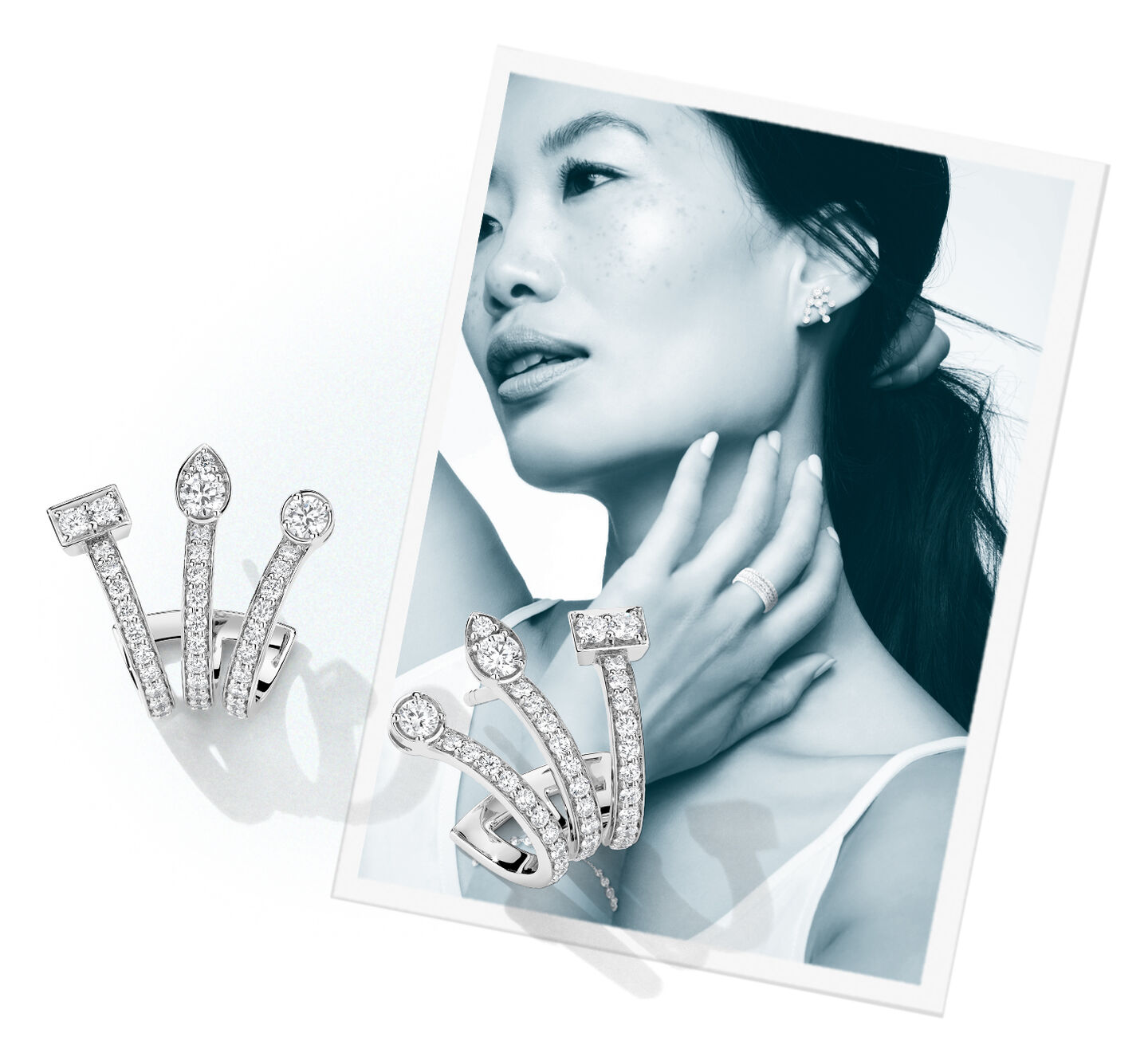 Birks Splash diamond earrings sitting on a photograph of a model 