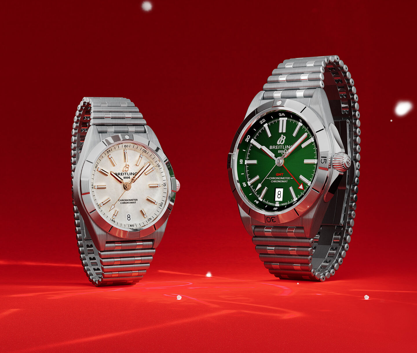 Breitling chronomat timepieces on a red holiday background.