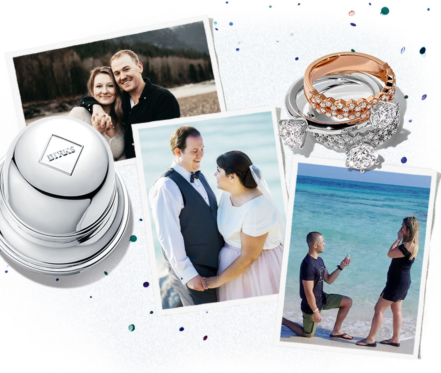 Three photographs of happy couples between a Birks Bell Box and a stack of engagement rings