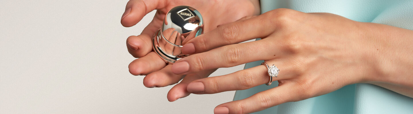 model holds a Birks silver bell box. 