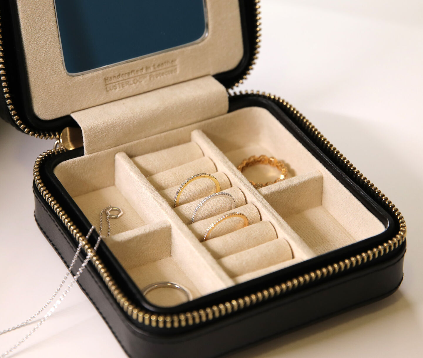 Jewellery in a WOLF jewellery travel case.