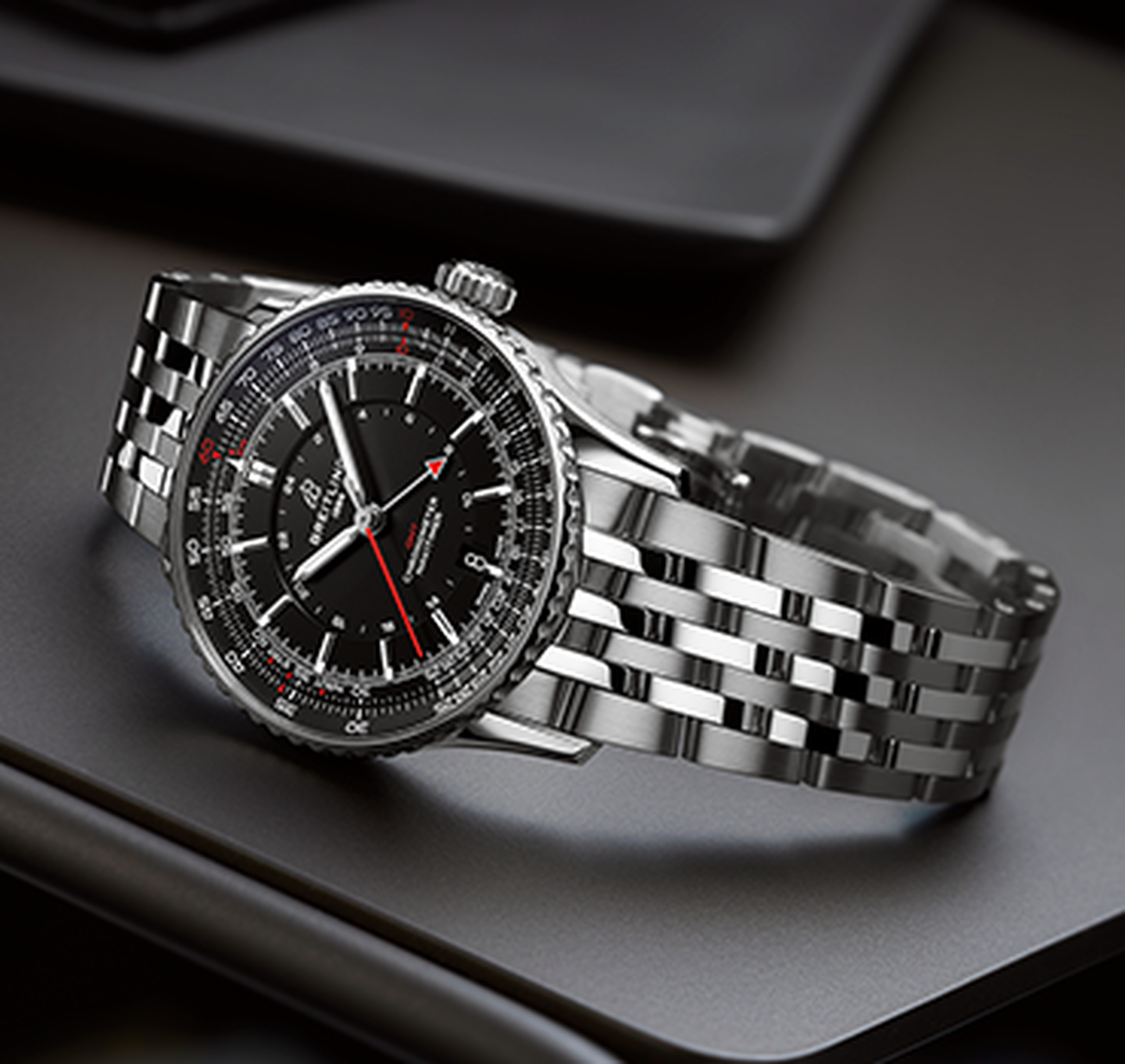 Breitling Navitimer watch on a black background.