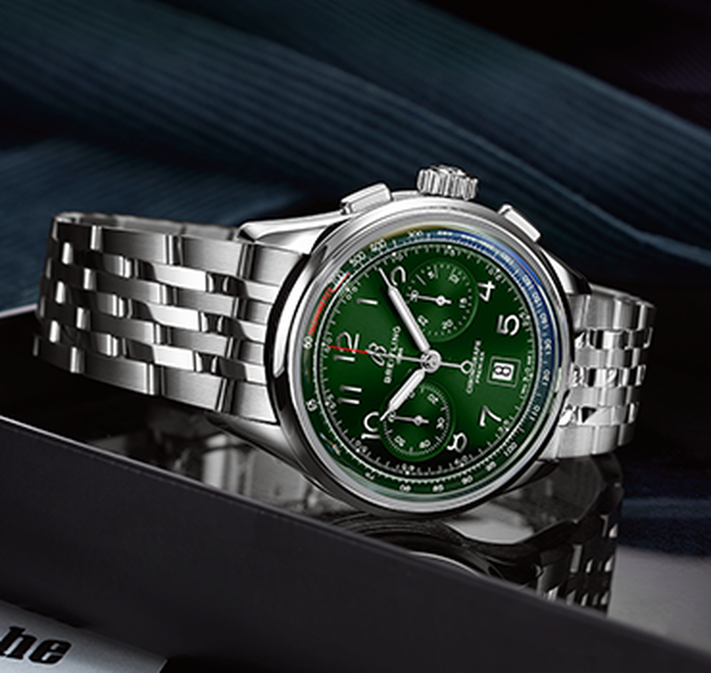 Breitling Premier watch with green dial and brown strap
