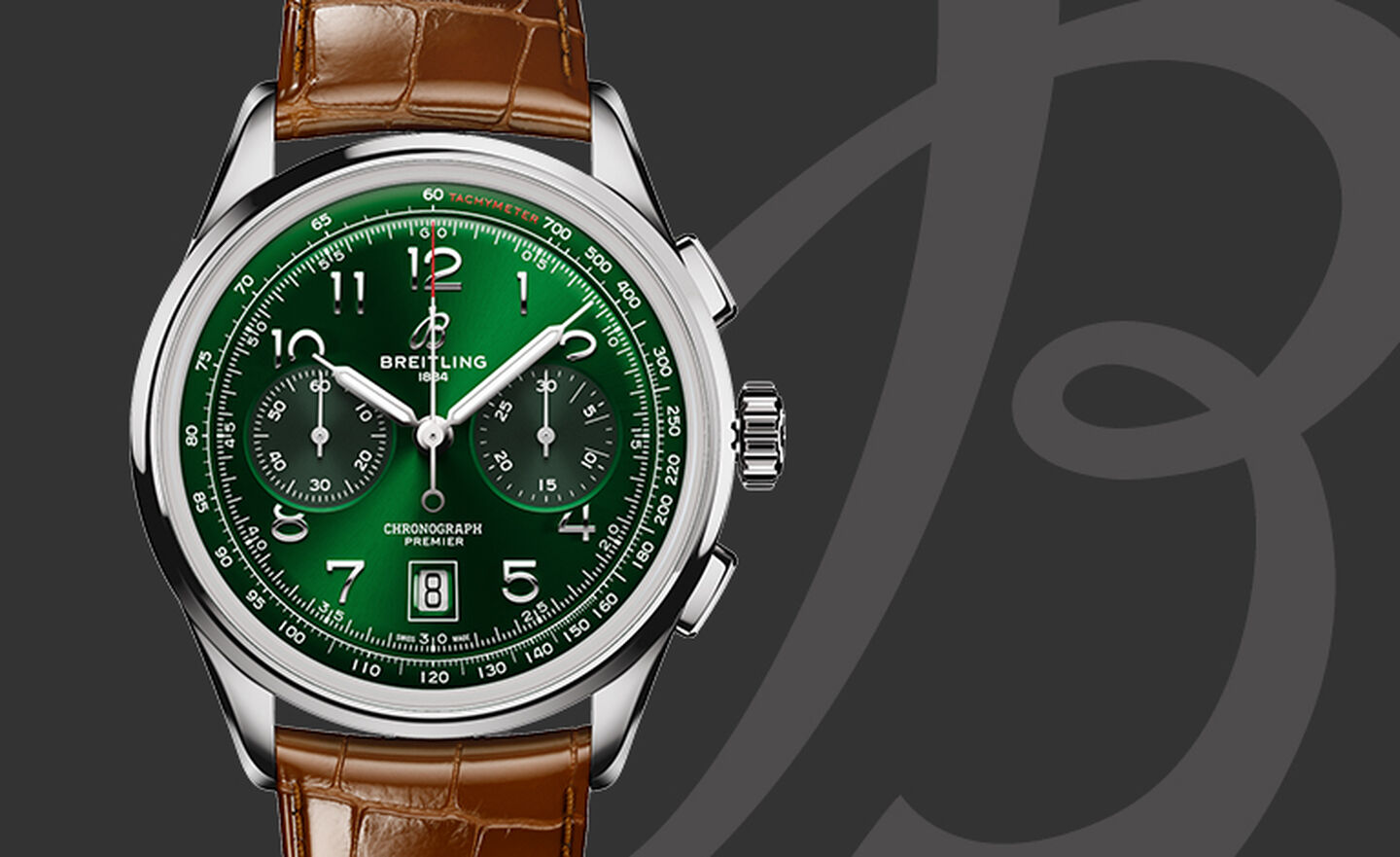 Breitling Premier watch with green dial and brown strap
